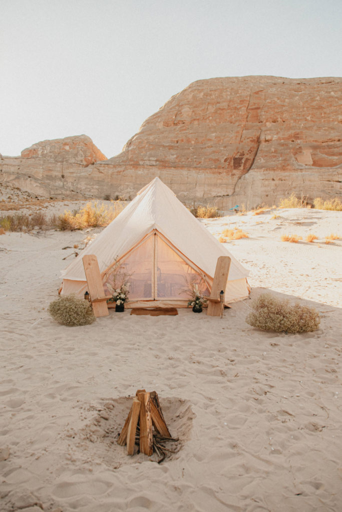 Glamping bell tent adventure elopement in desert canyon Lake Powell, AZ